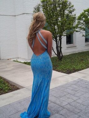 Splash Blue Cross-Back Sequin Evening Gown Prom Dress